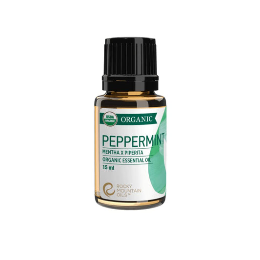 Rocky Mountain Oils peppermint oil bottle 15ml for pure aroma and topical use.