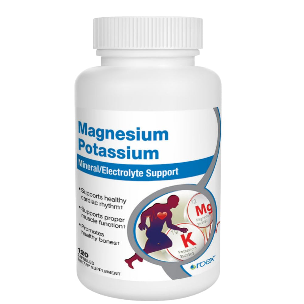 Roex Magnesium Potassium bottle for daily energy and muscle support.
