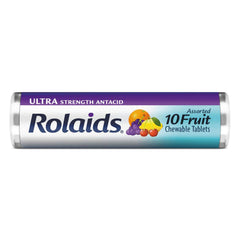Rolaids Ultra Strength chewable assorted fruit tablets for quick on-the-go relief.