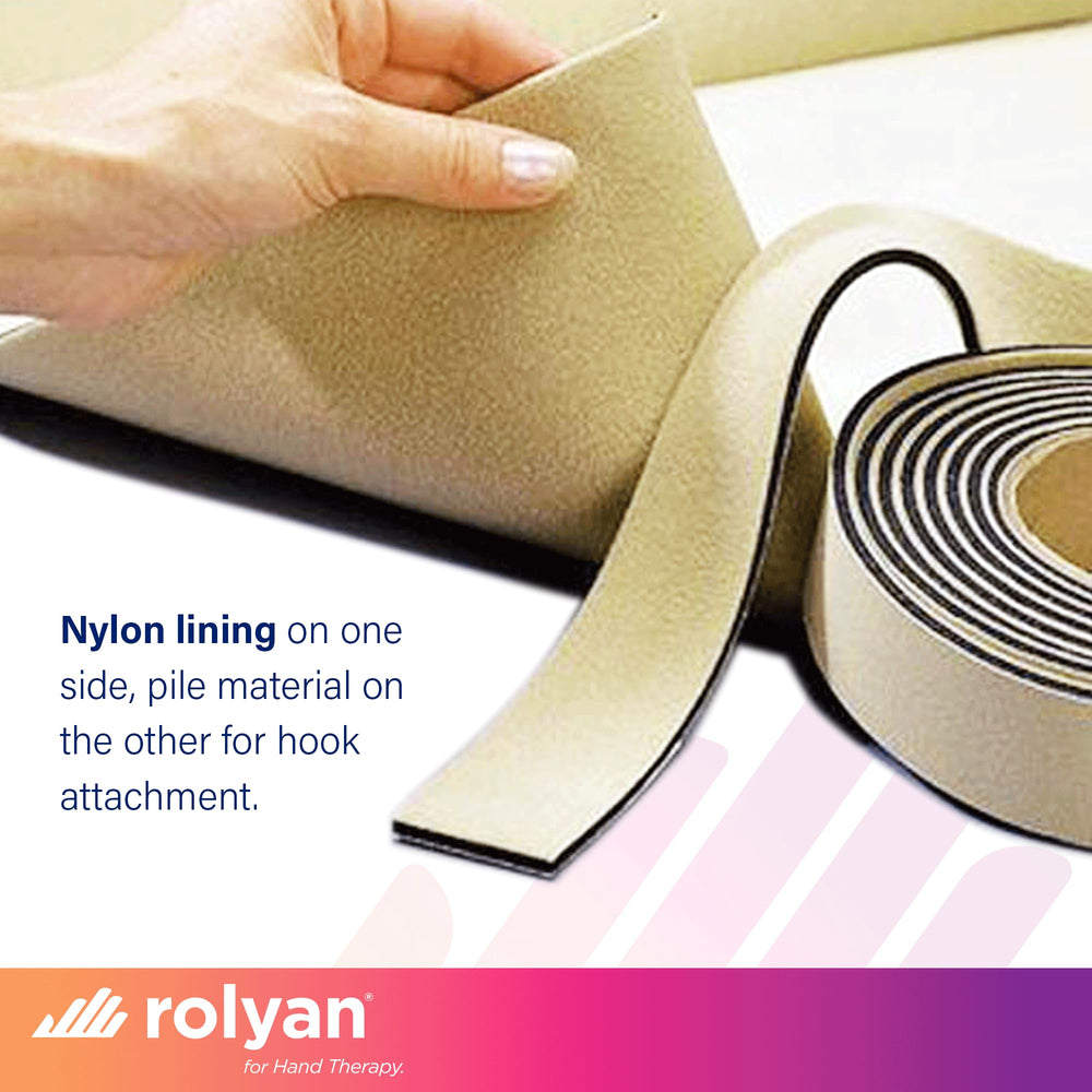 Rolyan beige strap showing hook-receptive surface for secure fastening.