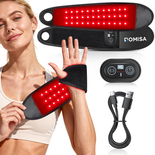 ROMISA red light therapy hand-wrist wrap delivering targeted relief and improved circulation.