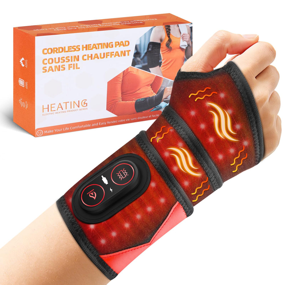 ROMYSE cordless wrist heating pad front view with heat and massage controls