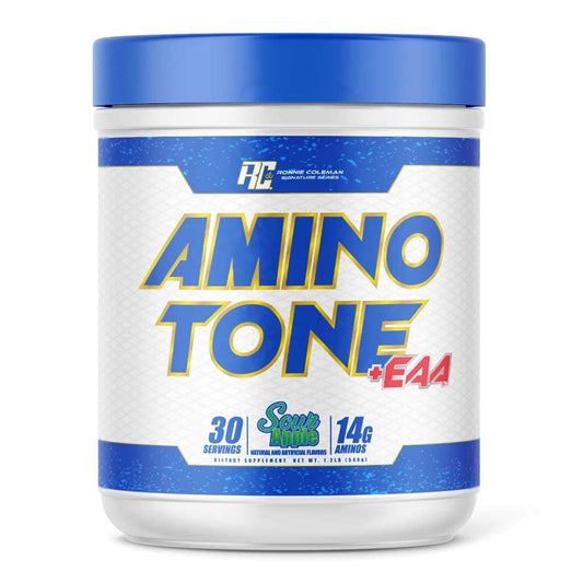 Ronnie Coleman Amino-Tone bottle pouring, hydration support for workouts.