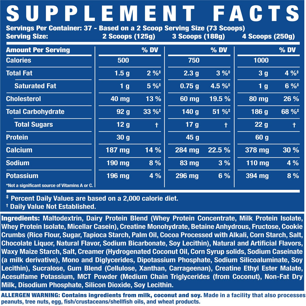 Ronnie Coleman King Mass XL nutrition facts table highlights calories and macros.