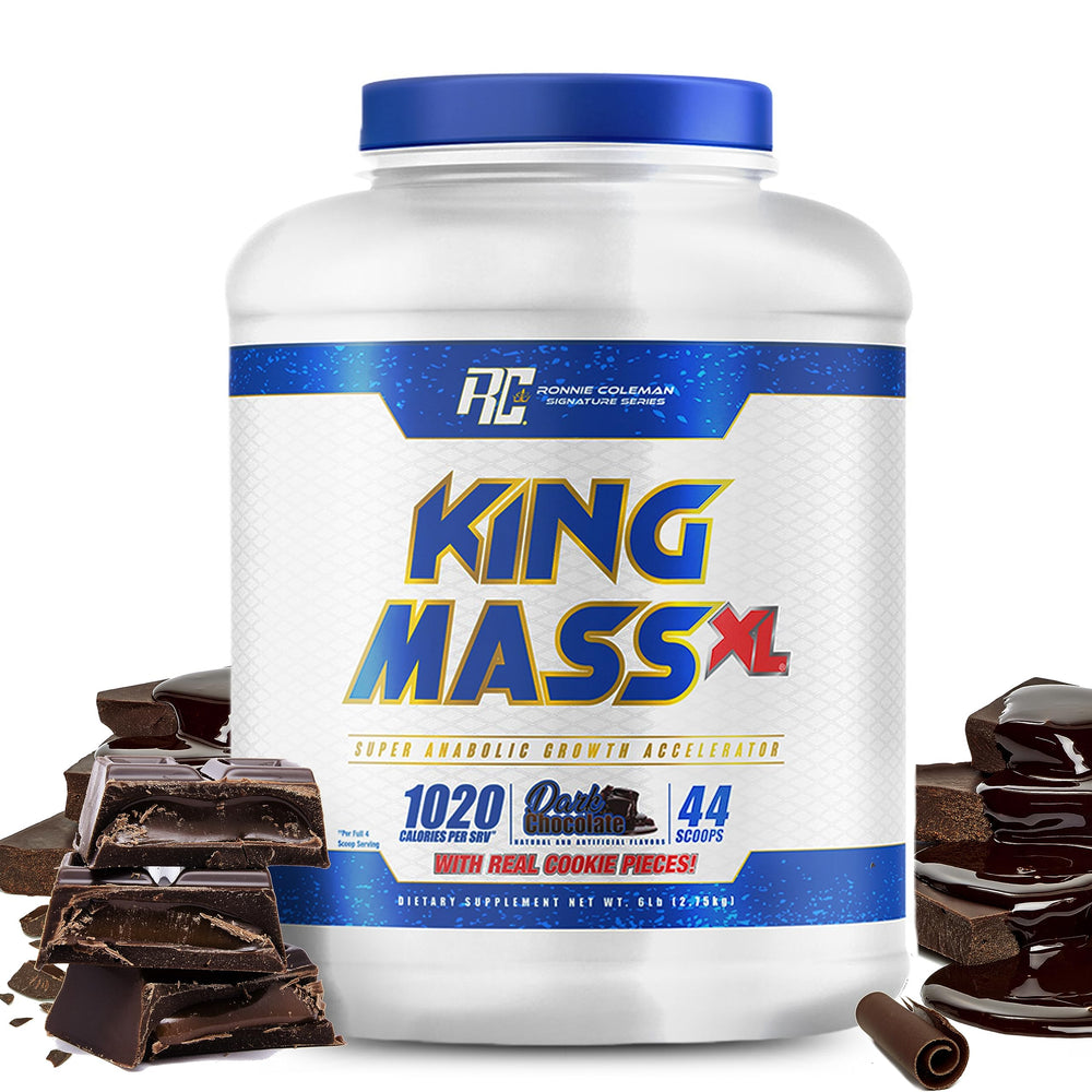 Ronnie Coleman King Mass XL tub front – high-protein mass gainer for muscle fueling.
