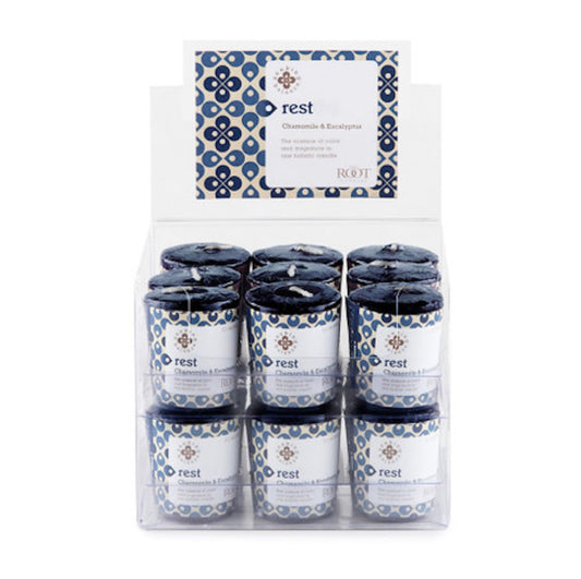 Root Candles Seeking Balance 18-pack votives for long-lasting cozy ambiance.
