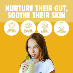 Root & Harmony Glutabiotics Kids ingredients panel with CFU and L-glutamine.