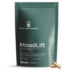 Root Supplements MoodLift bottle close-up highlighting a natural mood support blend.