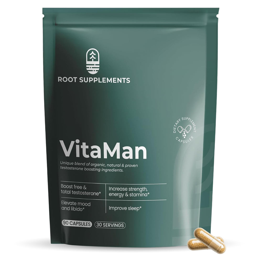 Root Supplements testosterone support bottle showing capsule formula for daily vitality.