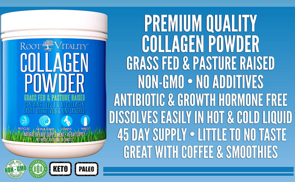 Back-of-pack nutrition panel on Root Vitality collagen tub for ingredient transparency.