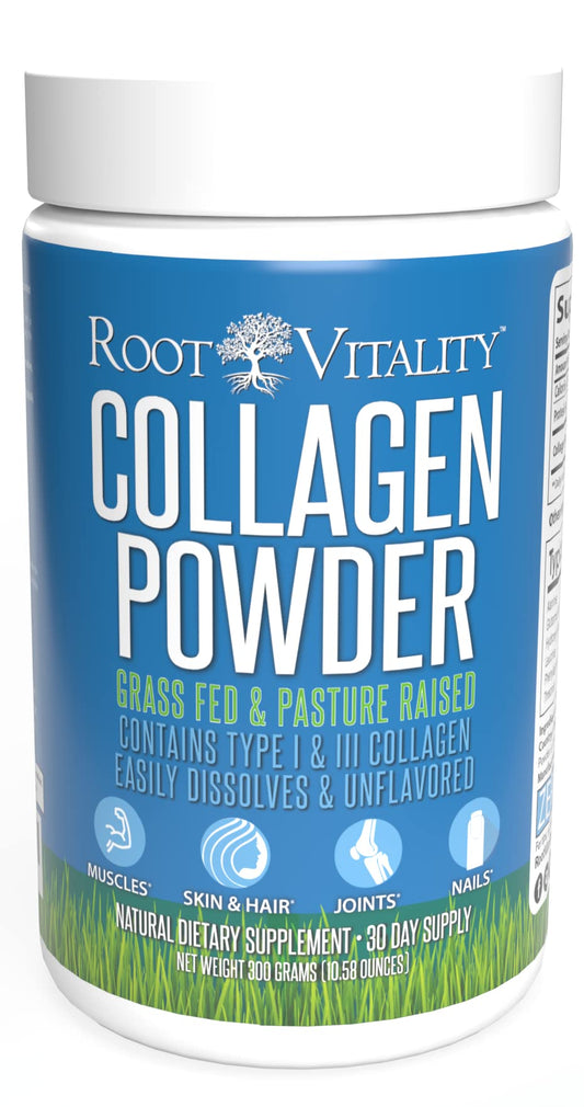 Root Vitality Collagen Peptides bottle shows unflavored powder for daily skin and nail support.