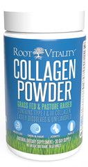 Root Vitality Collagen Peptides bottle shows unflavored powder for daily skin and nail support.
