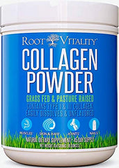 Root Vitality Collagen Peptides Powder bottle shown for daily skin and nails support.