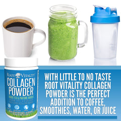 Root Vitality Collagen Peptides powder dissolving in coffee as a creamy, flavorless creamer.