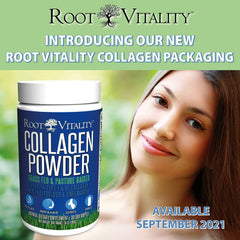 Root Vitality Collagen Peptides scoop beside water for an easy daily mix.