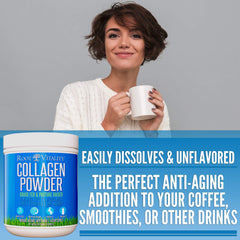 Unflavored, zero sugar Root Vitality collagen powder ready to mix in any drink.