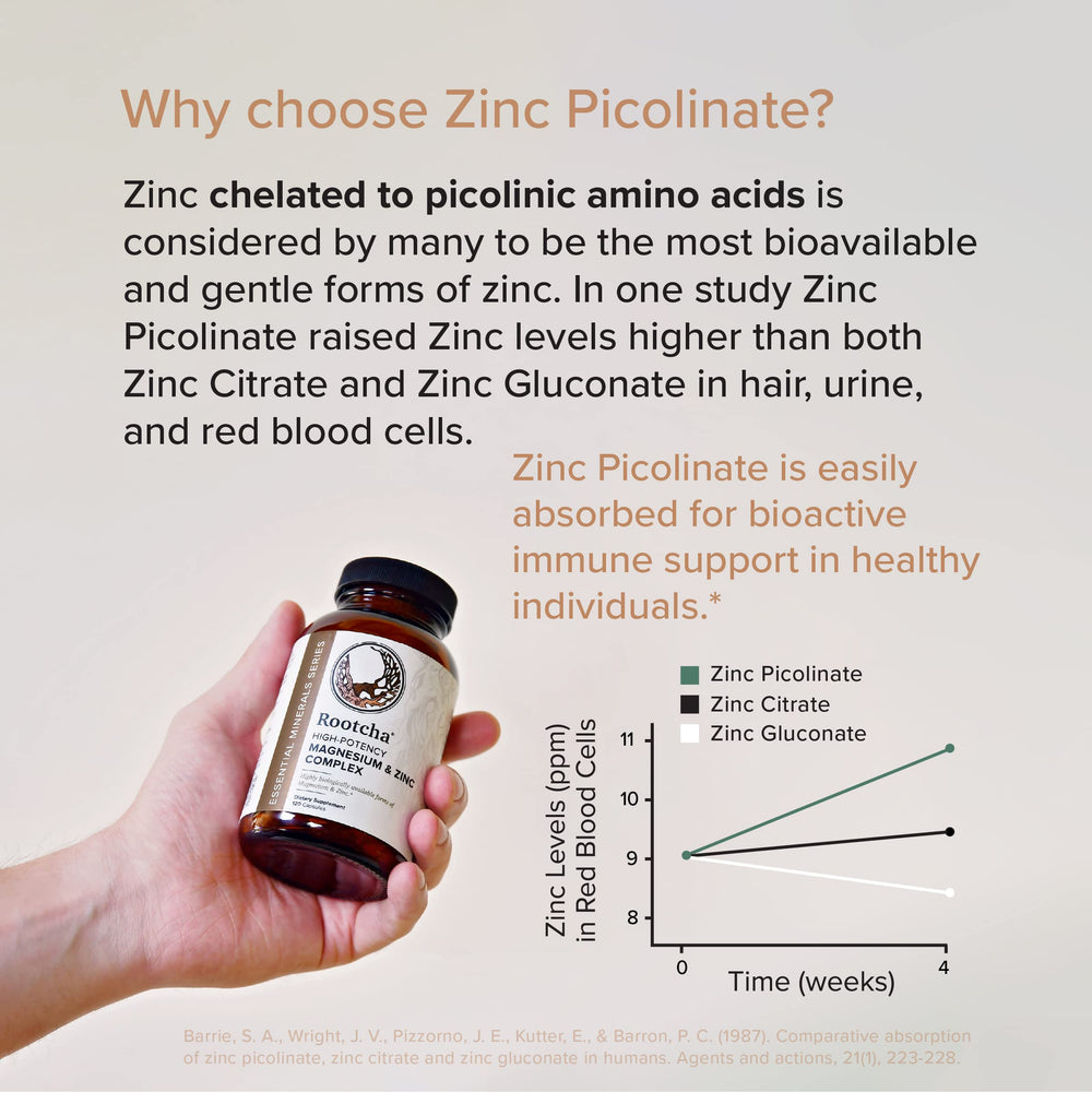 Rootcha Potent & Pure Magnesium Zinc bottle label highlights chelated zinc picolinate.
