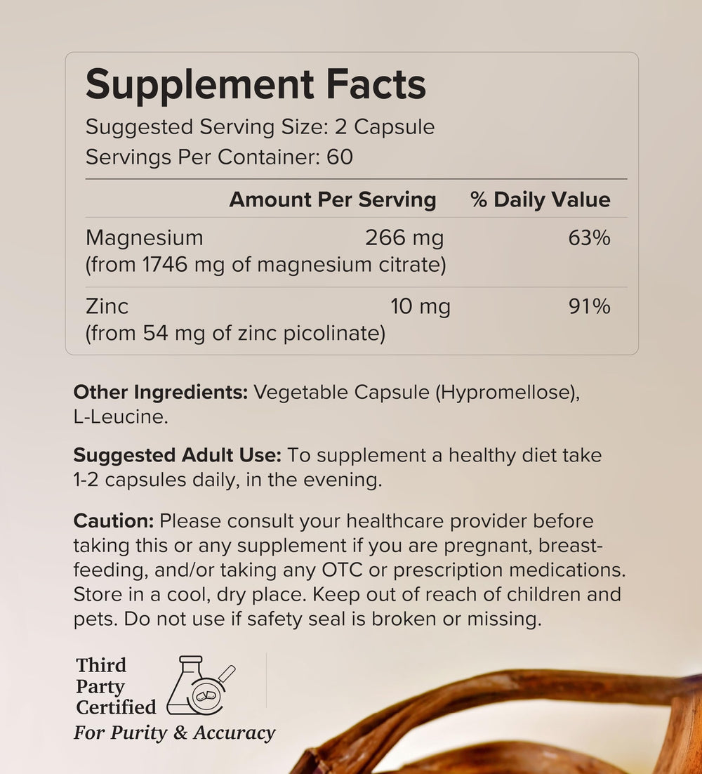 Rootcha Potent & Pure Magnesium Zinc sea-salt-derived magnesium supports absorption.