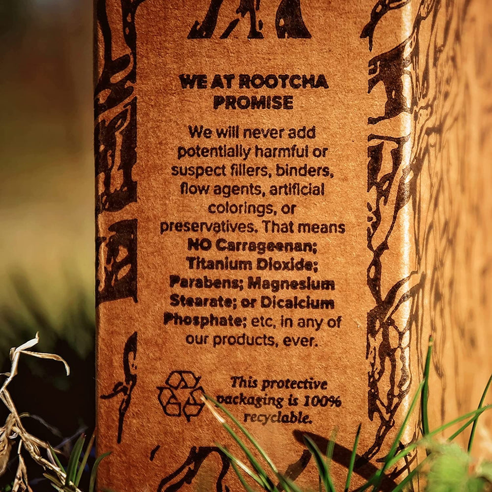 Rootcha Potent & Pure Magnesium Zinc test results badge conveys transparency.