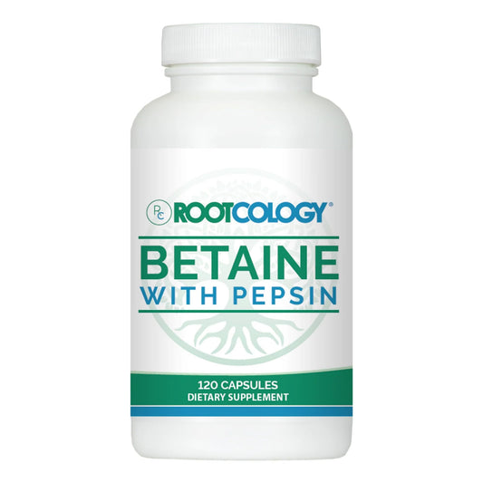 Rootcology Betaine with Pepsin bottle closeup with easy-to-take capsules