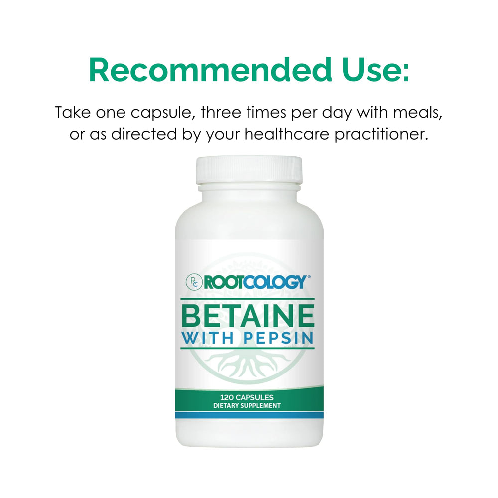 Rootcology Betaine with Pepsin glass bottle presents clean packaging