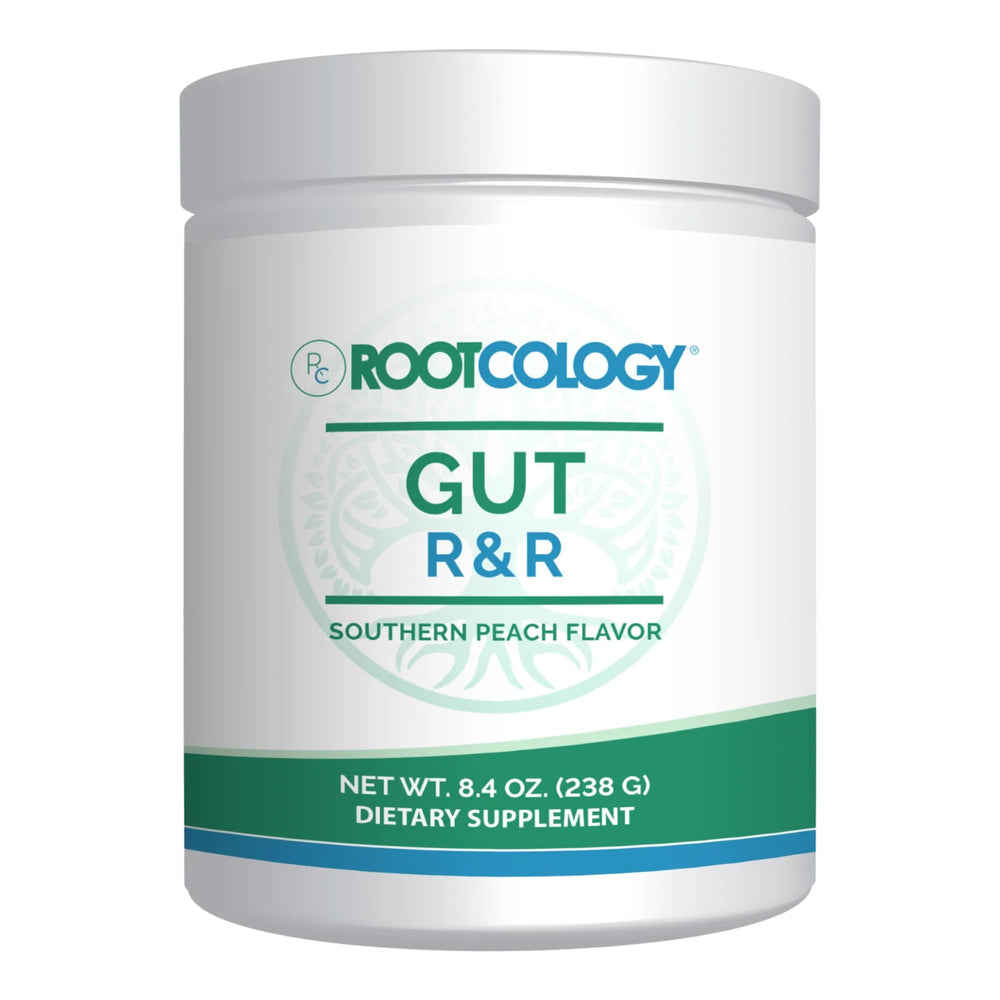 Rootcology Gut R&R packaging front with Southern Peach flavor for a daily digestive routine