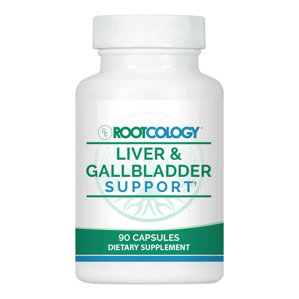 Rootcology Liver and Gallbladder Support bottle with capsules for digestive comfort.