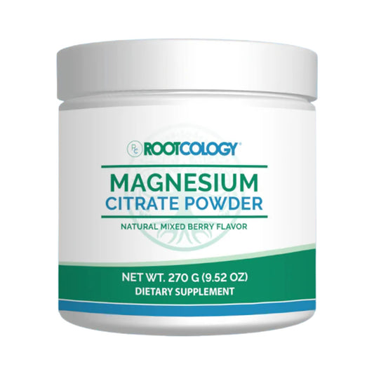 Rootcology magnesium citrate powder jar front with mixed berry flavor, ready for everyday use