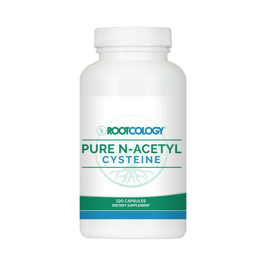Rootcology NAC bottle front with 900 mg capsules for daily support