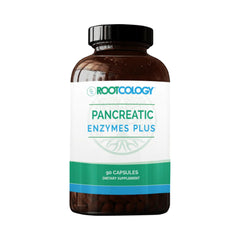 Rootcology Pancreatic Enzymes Plus bottle front with enteric-coated capsules for digestive support