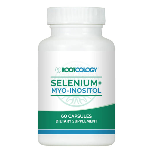Rootcology Selenium + Myo-Inositol bottle ready for daily dosing to support balance.