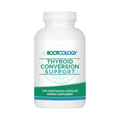 Rootcology Thyroid Conversion Support bottle showing capsules for balanced energy throughout the day.