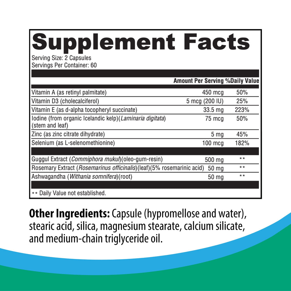 Rootcology Thyroid Conversion Support label closeup highlighting a clean, allergen-free formula.