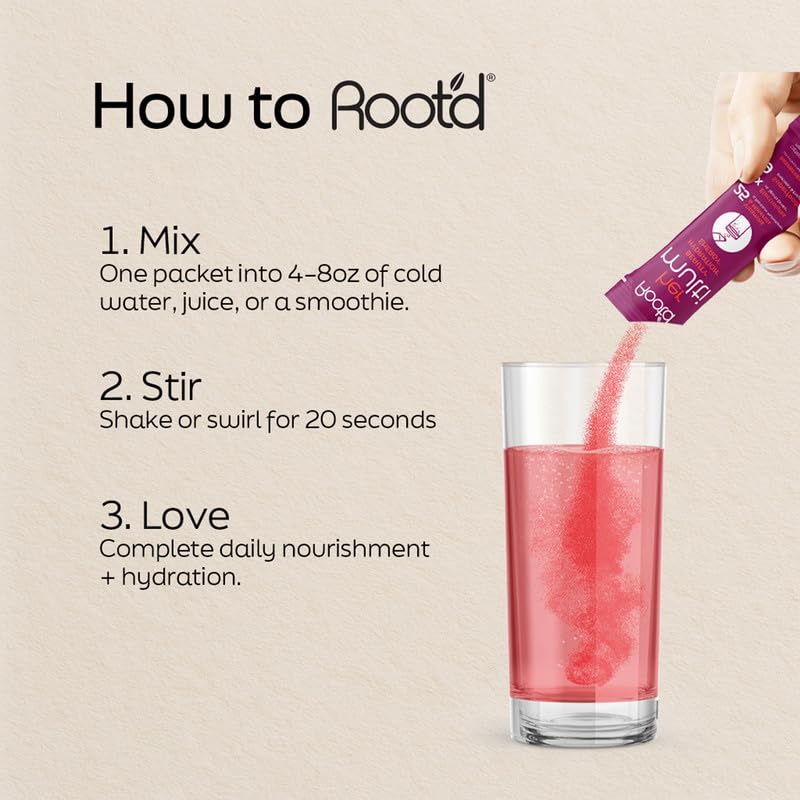 Root'd drink mix stirred into water for convenient daily nutrition