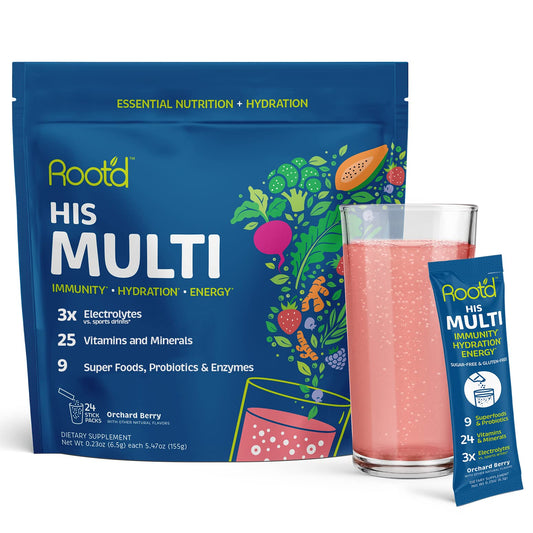 Root'd multivitamin powder bottle highlighting electrolyte blend for on-the-go hydration.