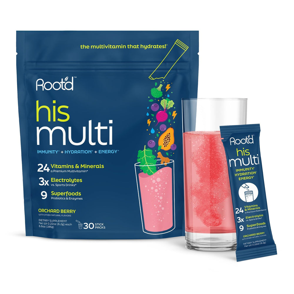 Root'd multivitamin powder bottle offers convenient daily nutrition for men.