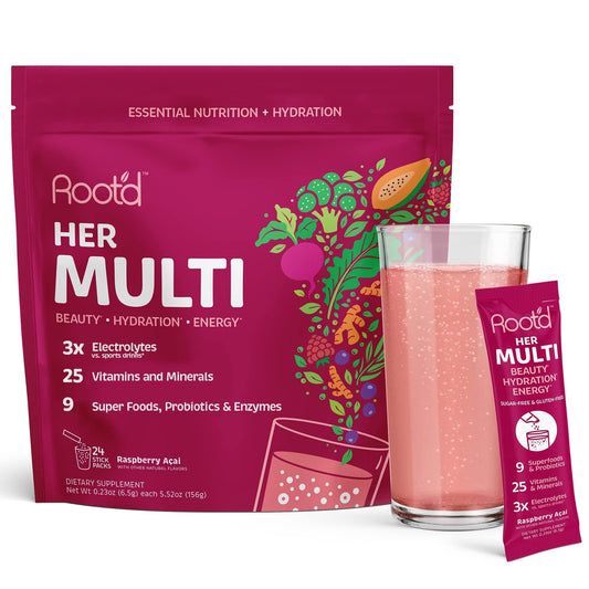 Root'd multivitamin powder tub beside glass illustrating hydration power