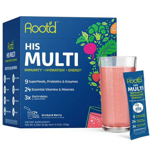 Root'd multivitamin powder being poured into a glass for hydration