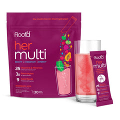 Root'd multivitamin powder bottle being poured for daily hydration and energy support
