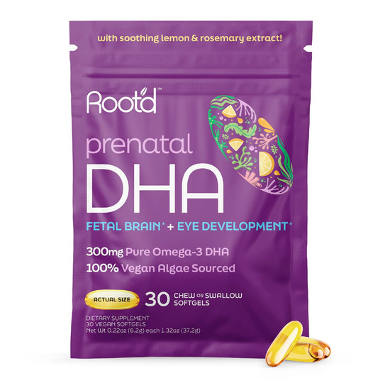 Root'd Prenatal DHA bottle closeup shows vegan omega-3 details