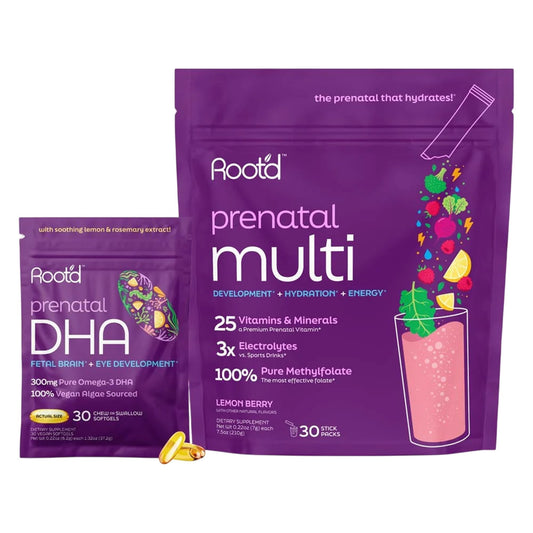 Root'd Prenatal DHA powder bottle for convenient daily nutrition