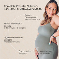 Root'd prenatal powder mixed in a glass for easy hydration