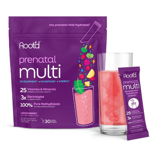 Root'd prenatal multivitamin powder box front for daily prenatal nutrition.