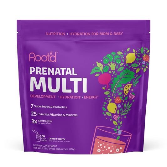 Root'd Prenatal Multivitamin Powder packaging label highlights nutrients for mom and baby.