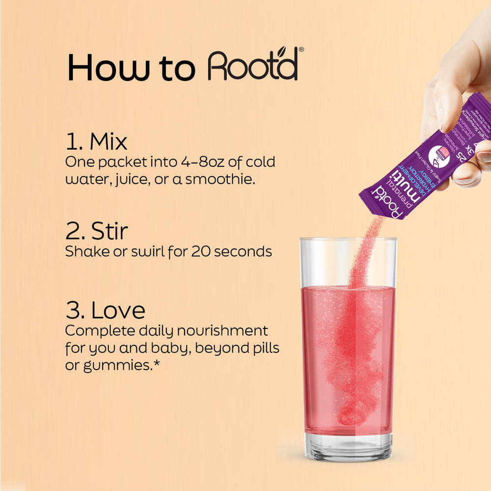 Root'd Prenatal Multivitamin Powder scoop demonstrates convenient daily dosing.