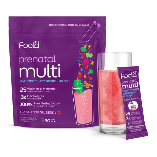 Root'd Prenatal Powder bottle shown for easy daily hydration and nutrients
