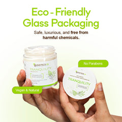 Rooted In glass packaging emphasizes sustainable, chemical-free beauty.