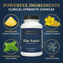 Rooted Intuition Hist Assist bottle back shows ingredients and vegan gluten-free formula