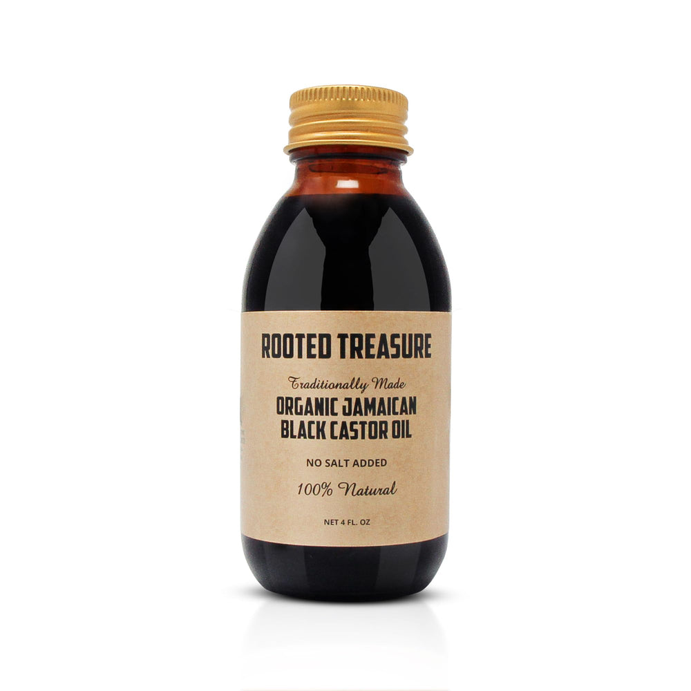 Rooted Treasure Jamaican Black Castor Oil 4oz bottle for natural hair moisture and shine
