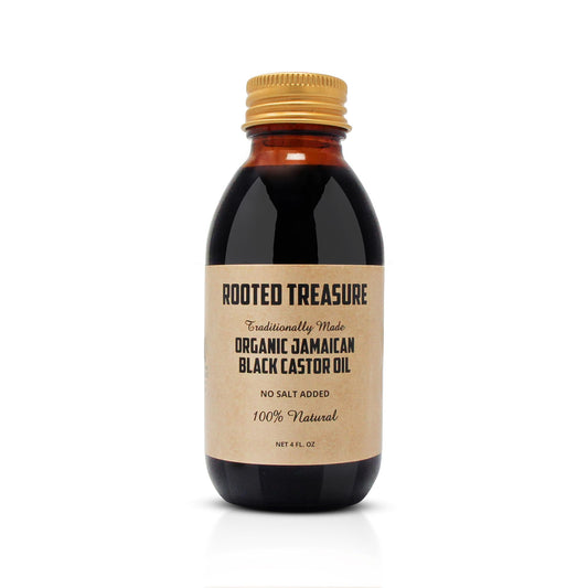 Rooted Treasure Jamaican Black Castor Oil 4oz bottle for natural hair moisture and shine